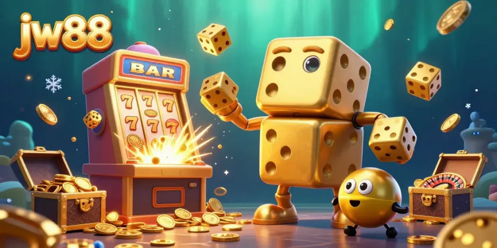 Experience the excitement of jw88 as a golden dice golem juggles dice and treasures in a vibrant casino scene.