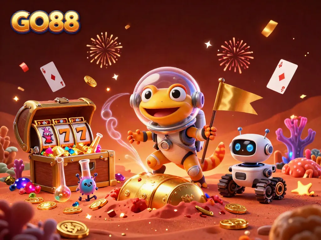 GO88 casino adventure illustration featuring a Martian gecko discovering a golden casino.