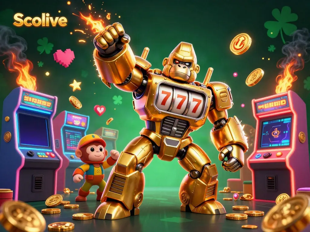 Socolive showcases a dynamic 3D illustration with a golden gorilla mech and vibrant casino elements in an exciting gaming atmosphere.