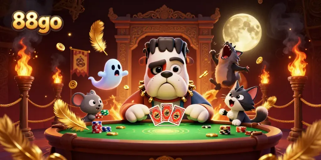 Engage in thrilling gaming at 88go featuring a fun 3D cartoon scene with a bulldog dealer and haunted elements.