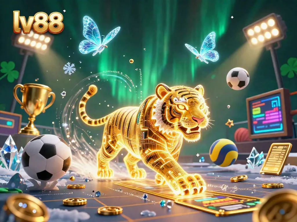 Experience the energy of lv88 with a neon-wireframe tiger in a vibrant casino scene.