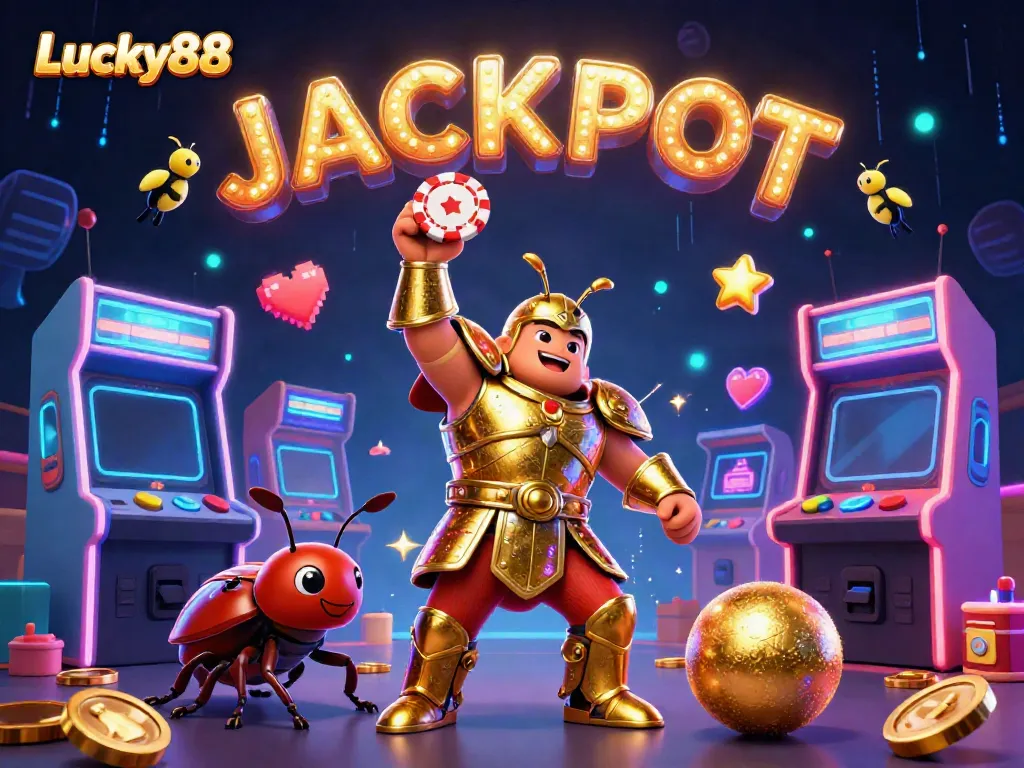 Experience the thrill of Lucky88 as vibrant characters lift poker chips, amidst a dynamic casino atmosphere.