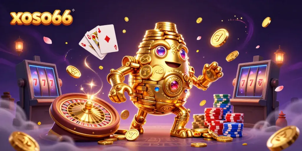 Xoso66 offers vibrant casino experiences with advanced gaming elements and a golden golem symbolizing prosperity.