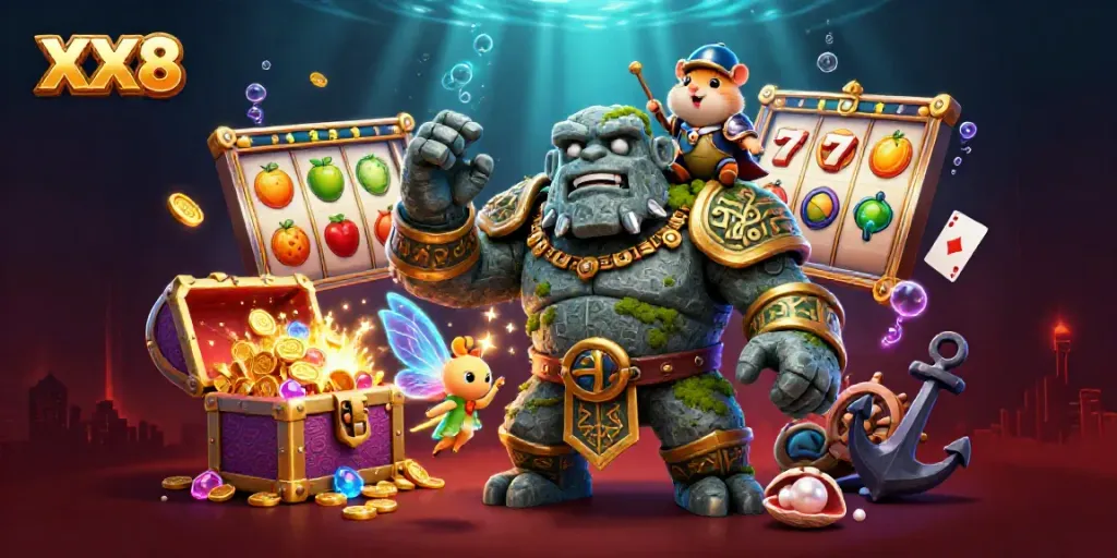 Spin the slots with XX8 while ancient creatures guard treasure in a vibrant scene.