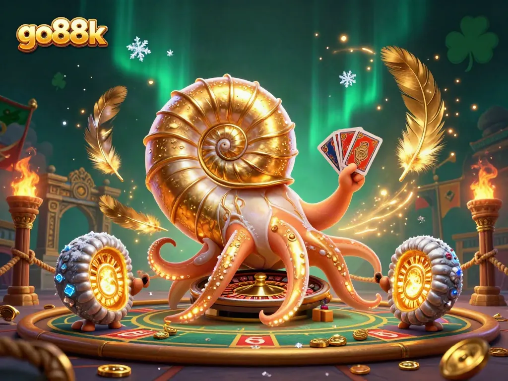 Engage with go88k's thrilling gaming experience surrounded by glowing ammonite companions and vibrant casino elements.