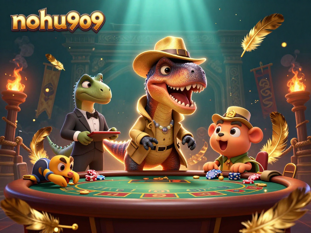 Experience thrilling gameplay at nohu909 with cartoon dinosaurs in an engaging casino scene filled with action.