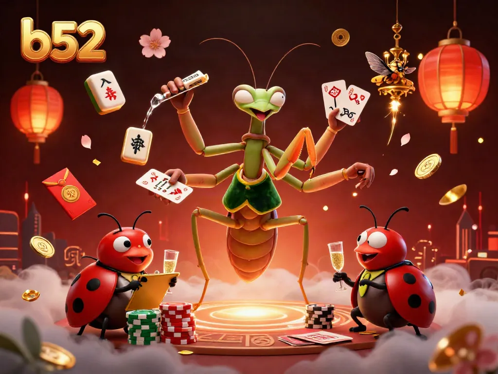 Engaging b52 digital casino scene with a giant mantis dealer and ladybug pit boss amidst vibrant gaming elements