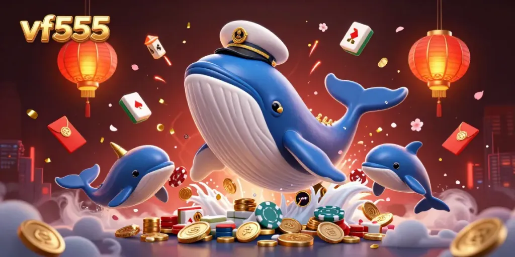 Join the excitement with vf555, featuring a playful 3D whale in a lively casino scene.