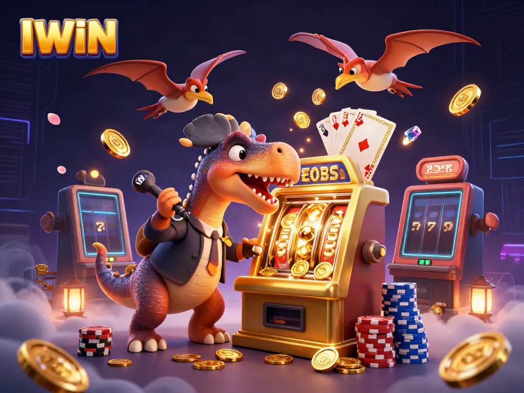 IWIN jackpot scene with a pachycephalosaurus headbutting a slot machine, surrounded by coins and poker chips