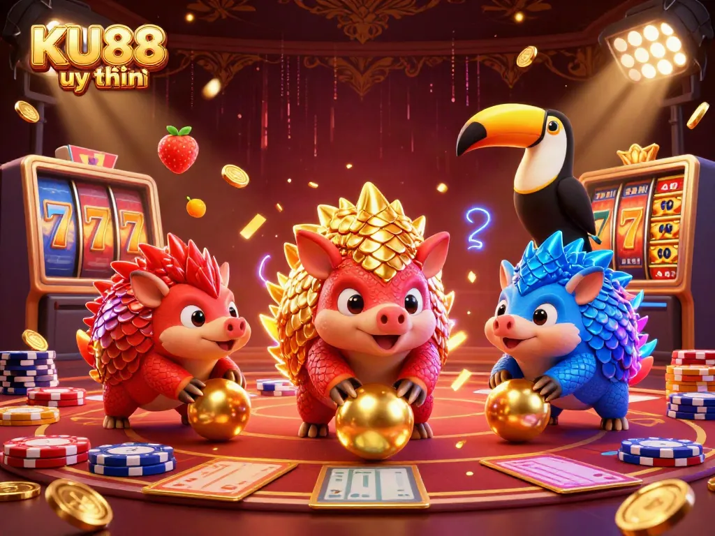 Engaging scene of rival pangolins in KU88 uy tín themed casino activity with dynamic slot elements