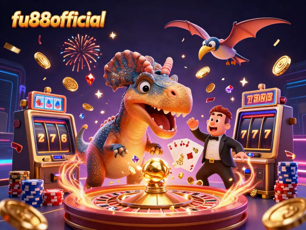 fu88offical-themed 3D digital illustration with a dinosaur and golden slot machine celebrating jackpots.
