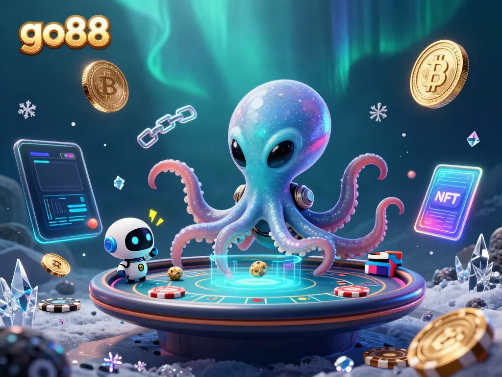 Experience the excitement of go88 with a futuristic 3D illustration featuring an alien octopus and crypto elements.