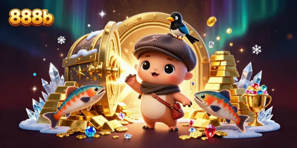 Engage in the vibrant world of 888b with playful characters amidst treasures, perfect for gamblers.