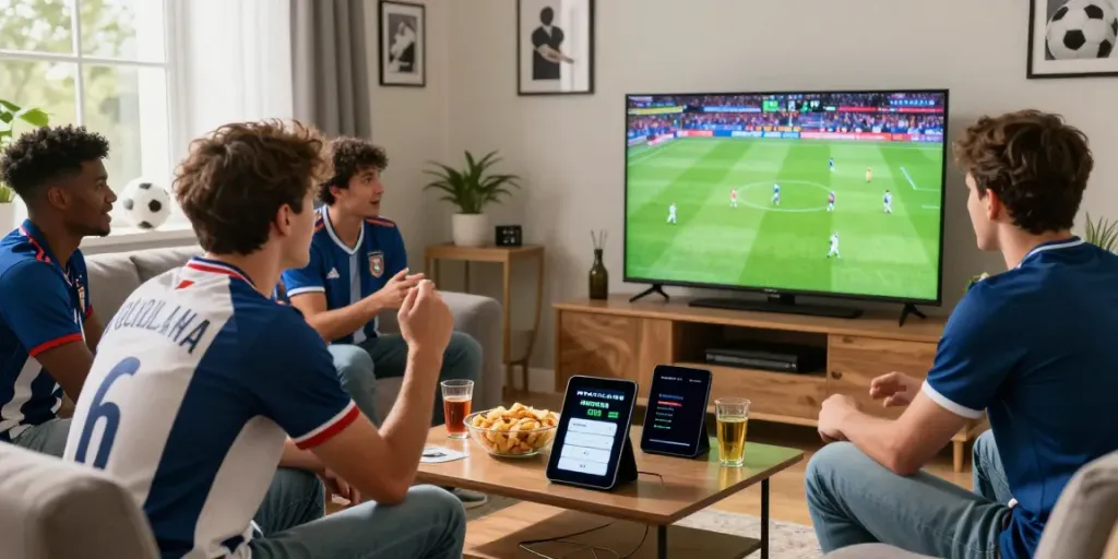 Exciting MANTUL88 sports betting scene with fans enjoying a live football match.