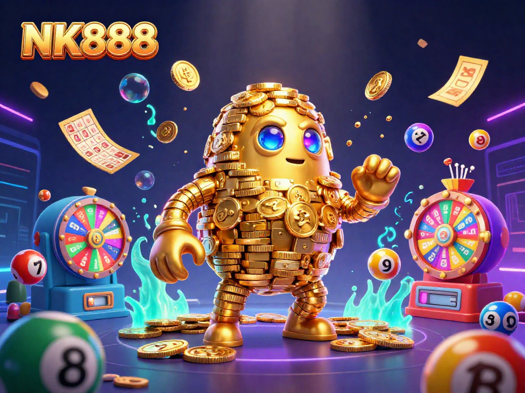 Engage with NK888, a dynamic scene featuring a golden golem and vibrant lottery balls in an ultra-detailed casino setting.