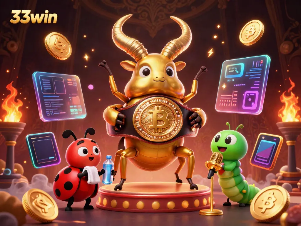 Engage with 33win's vibrant casino showdown featuring golden stag beetle and digital currency elements.