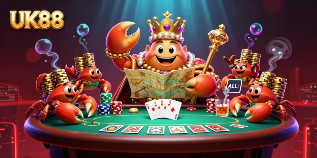 Experience UK88's vibrant casino scene featuring a golden crab emperor amidst poker elements.