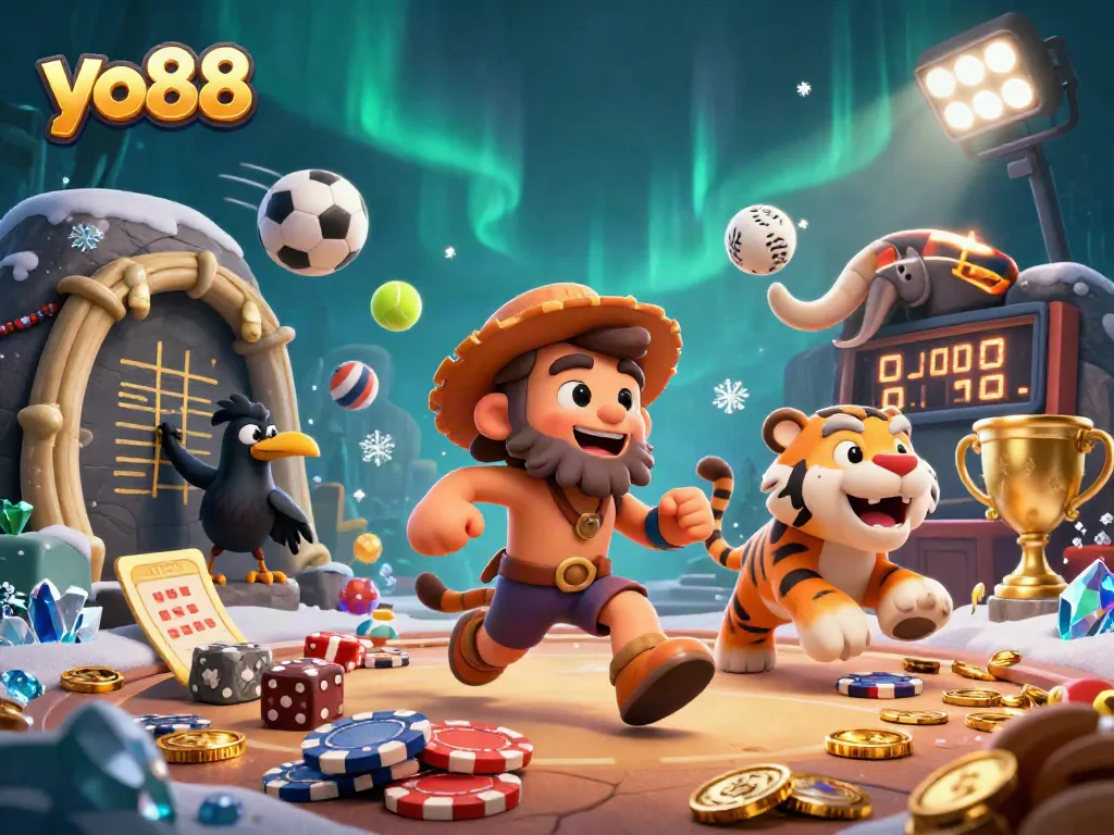 Experience the thrill of yo88 at a prehistoric casino with cartoon caveman and tiger characters!