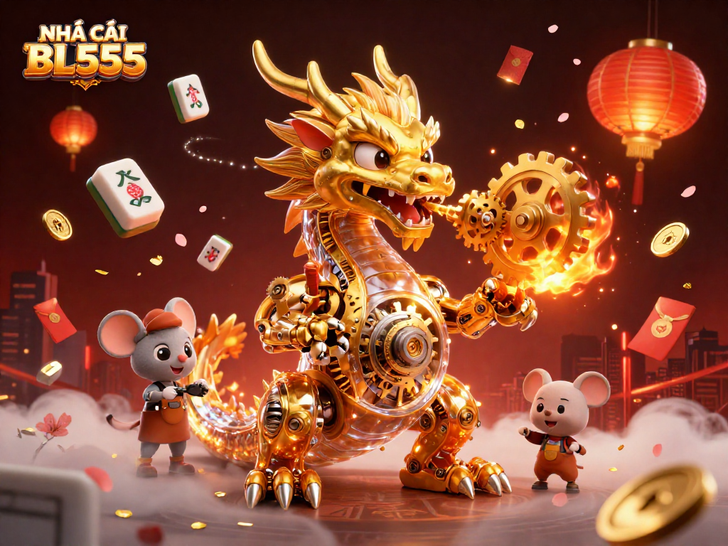Engage with NHÀ CÁI BL555's exciting gaming world, featuring a golden dragon amidst dynamic casino elements.