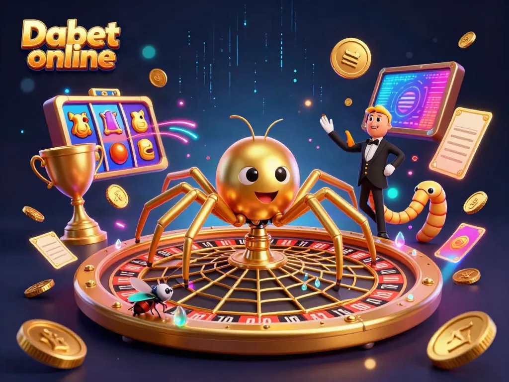 Engage with Dabet online as a golden spider spins a roulette wheel web amidst dynamic casino elements.