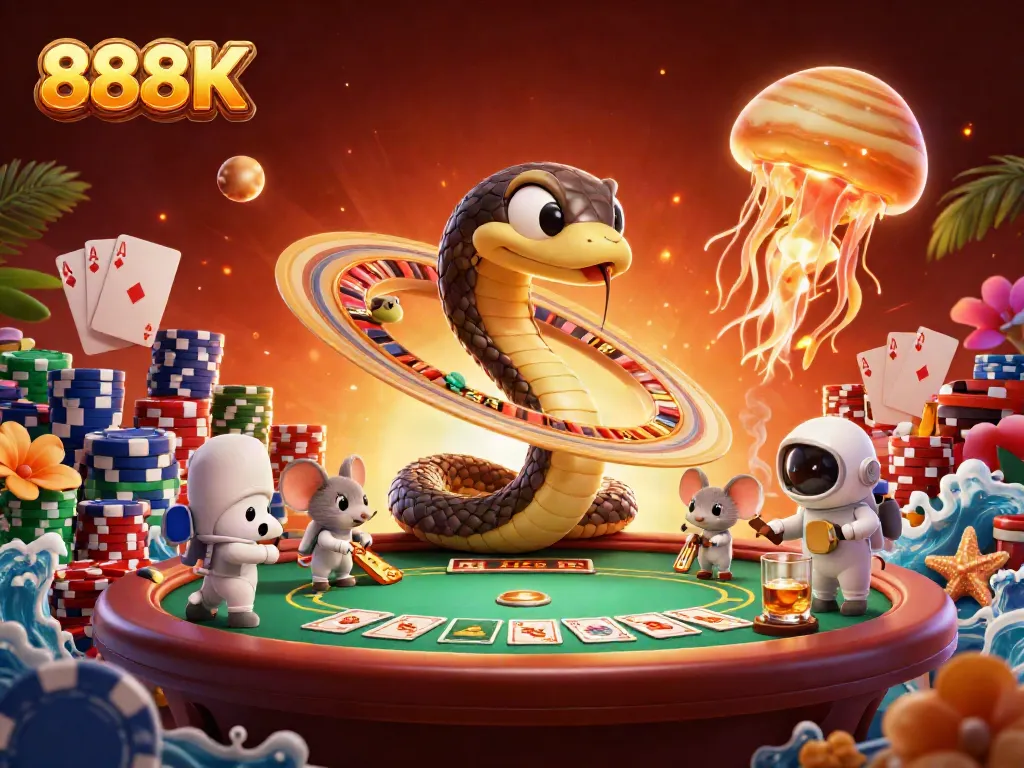 Bet on 888K with engaging mice and a cosmic dealer in a vibrant casino scene.