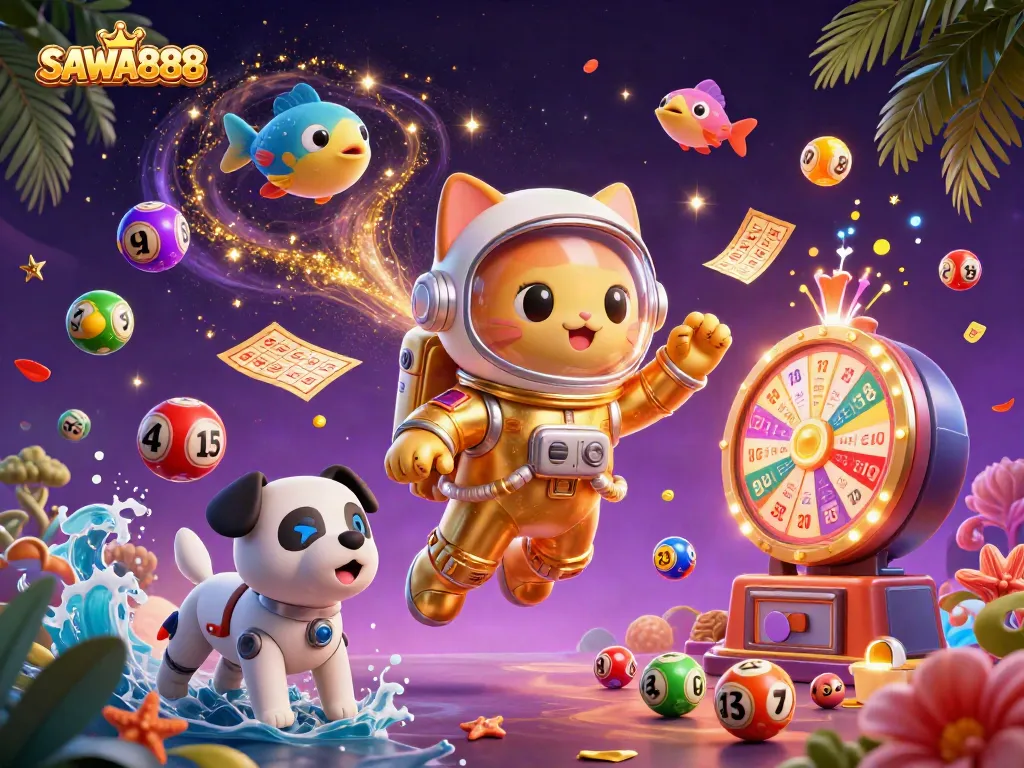 SAWA888 lottery action scene featuring floating astronaut cat and robot dog amidst colorful game elements.