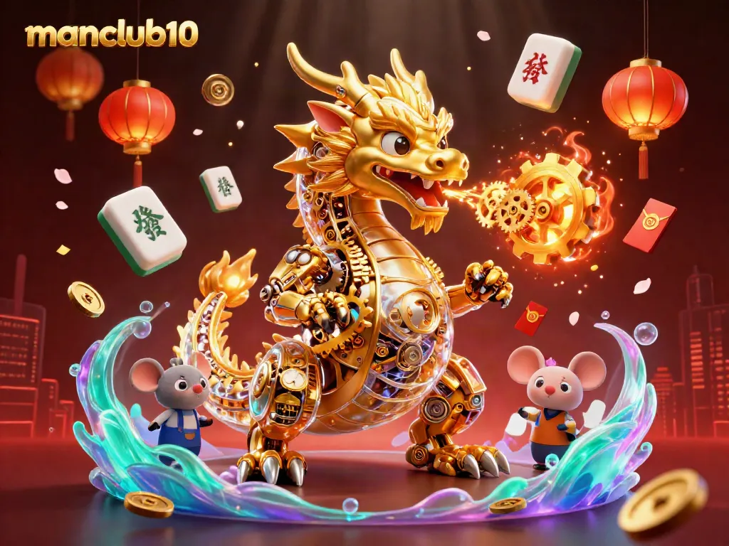 Experience the excitement of manclub10 with a stunning dragon scene filled with gaming elements.
