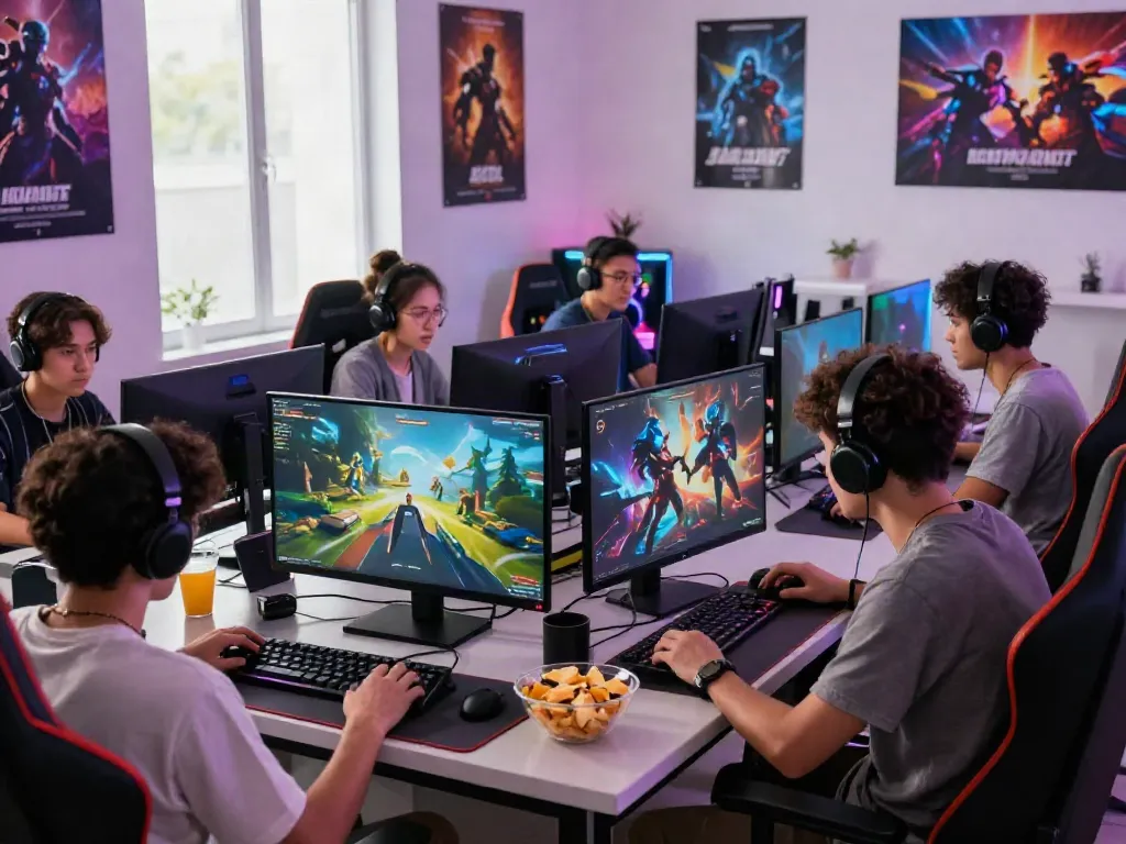 Engaged gamers enjoying online play at kilat404 in a vibrant gaming environment.