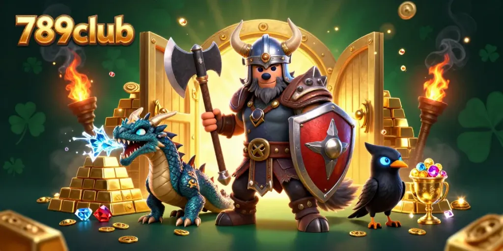 Experience thrilling wins at 789club with a Viking wolf warrior, dragon, and treasure in this 3D casino illustration.