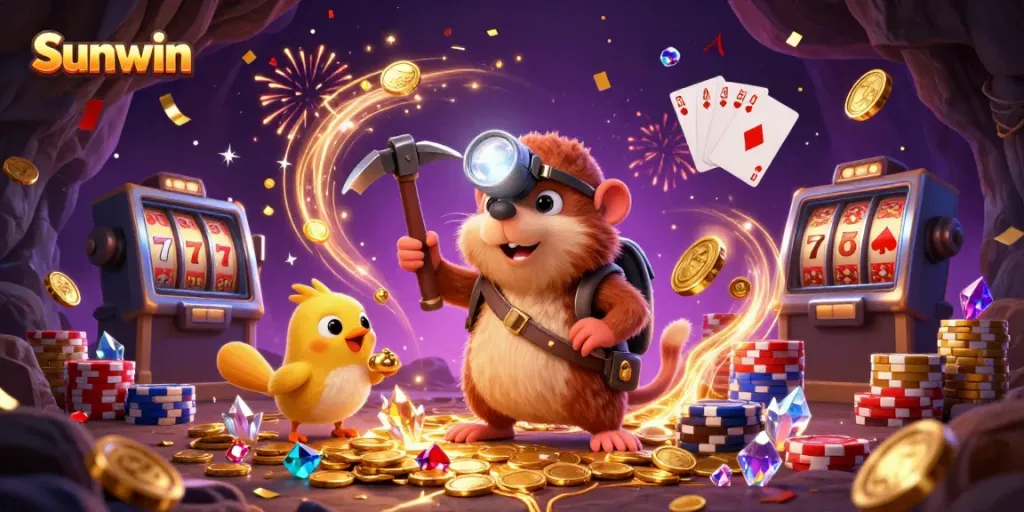 Experience thrilling gaming at Sunwin with treasure hunters and glimmering gems in a vibrant casino world.