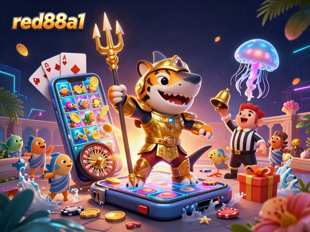 Experience thrilling games at red88a1 with vibrant slot machines and an animated shark gladiator!