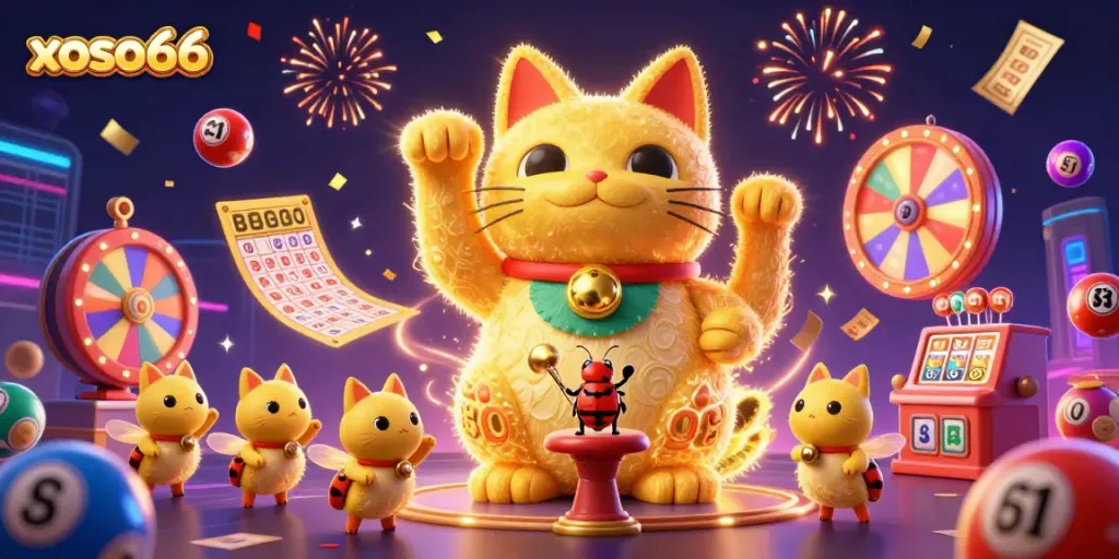 Win big with xoso66 in this vibrant casino scene featuring a lucky cat and dynamic game elements.