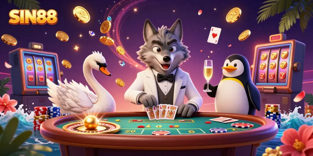 SIN88 features an engaging scene with a debonair wolf, elegant swan, and a penguin at a baccarat table celebrating wins with coins and cards.