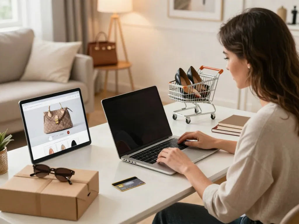 "Prime reps online shopping for luxury bags and shoes in a cozy home office setting."