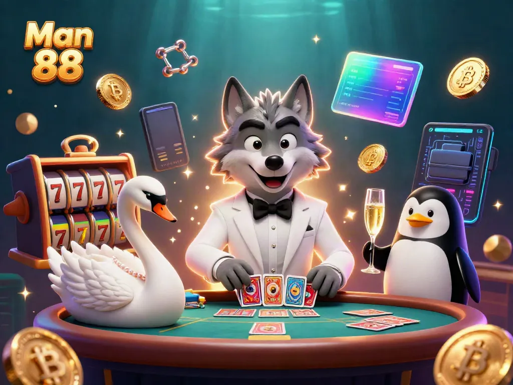 Engage in thrilling betting at Man 88 with dynamic gaming elements and characters in a vibrant casino setting.