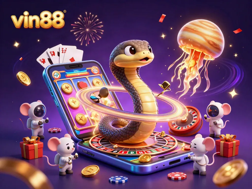 Experience thrilling bets with vin88 on a vibrant cosmic casino scene featuring snakes and mice.