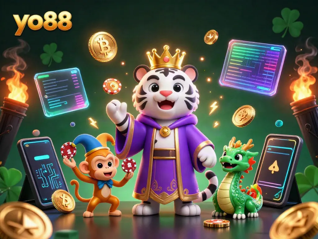 Engage with the dazzling world of yo88, where a regal white tiger and lively monkey animate the casino excitement.