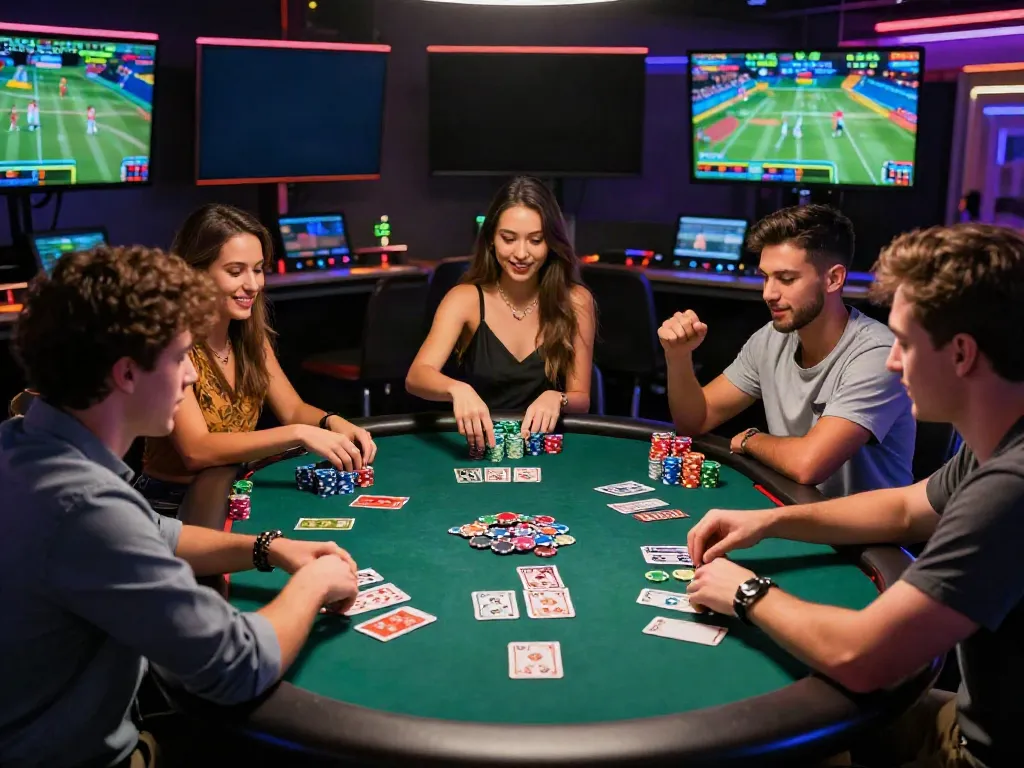 Friends celebrating a win at a man88 online casino table with vibrant gaming atmosphere