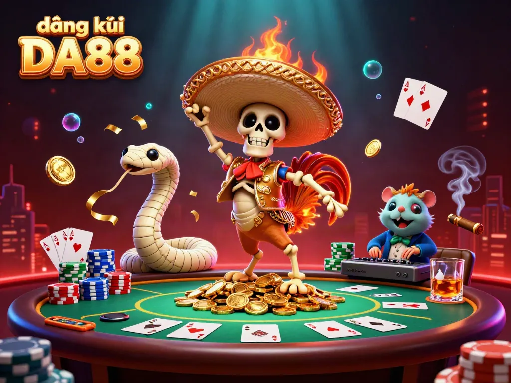 Engage in the vibrant gaming world with đăng ký DA88 where a skeleton mariachi rooster celebrates amidst poker chips and glowing coins.