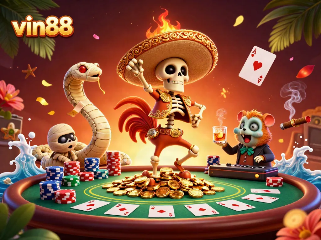 Experience the thrill of vin88 with vibrant casino characters celebrating big wins amidst poker excitement.