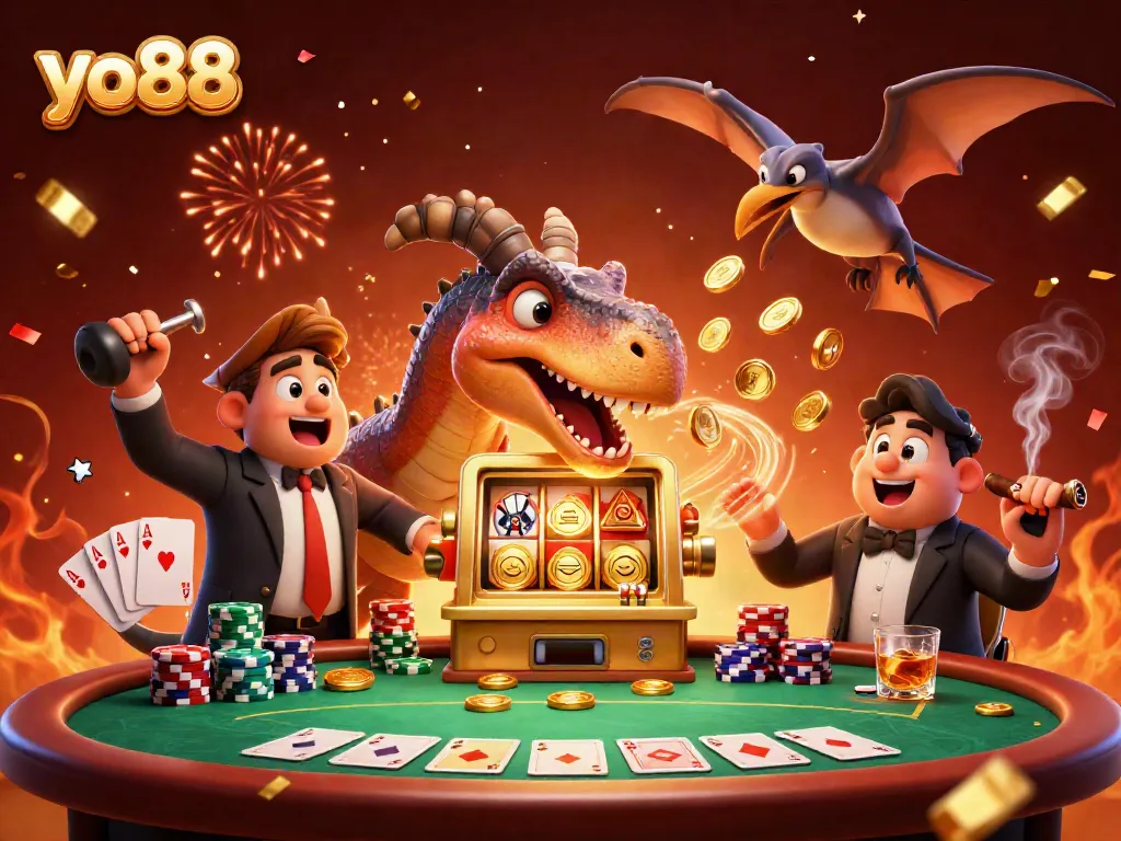 Experience the thrill of yo88 as a dinosaur triggers a jackpot from a slot machine, capturing the excitement of gambling.
