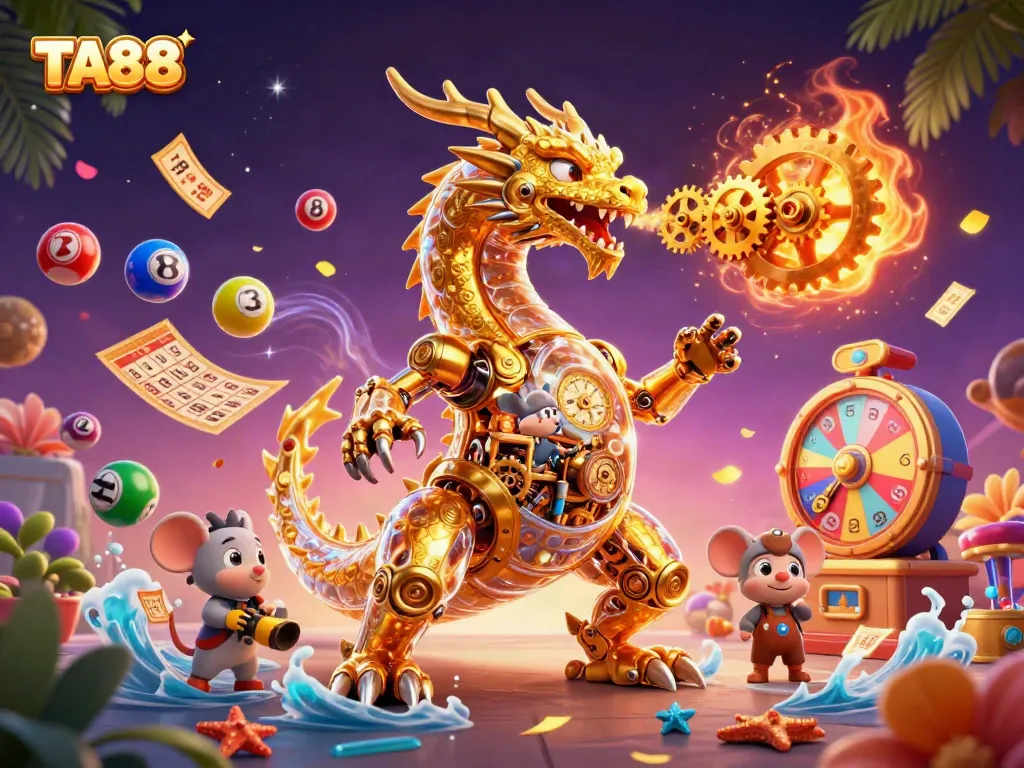 Experience the excitement of TA88 with a golden dragon and vibrant lottery elements in a dynamic casino scene.