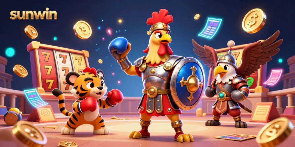 Engage with sunwin's dynamic gaming scene featuring a gladiator rooster, tiger cub, and vibrant game elements.