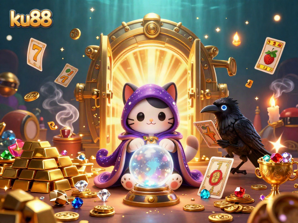 Experience the exciting world of ku88 with a mystical cat and raven in a vibrant casino scene.