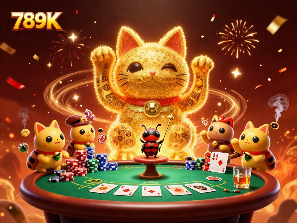 Engage players with thrilling 789K casino action featuring a golden lucky cat and vibrant poker elements.