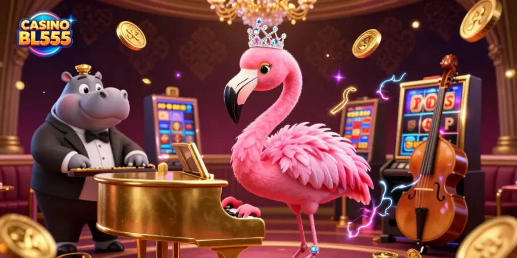 Experience the vibrant game-filled atmosphere of CASINO BL555 with colorful characters and exciting slot themes.