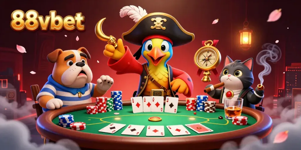 Engage with 88vbet’s thrilling casino scene, showcasing vibrant characters and dynamic poker elements.
