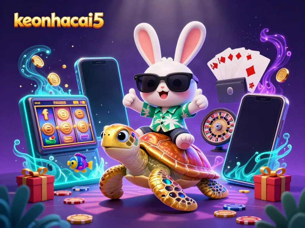Experience thrilling gameplay with keonhacai5, featuring a lucky rabbit and a golden turtle in a vibrant casino scene.