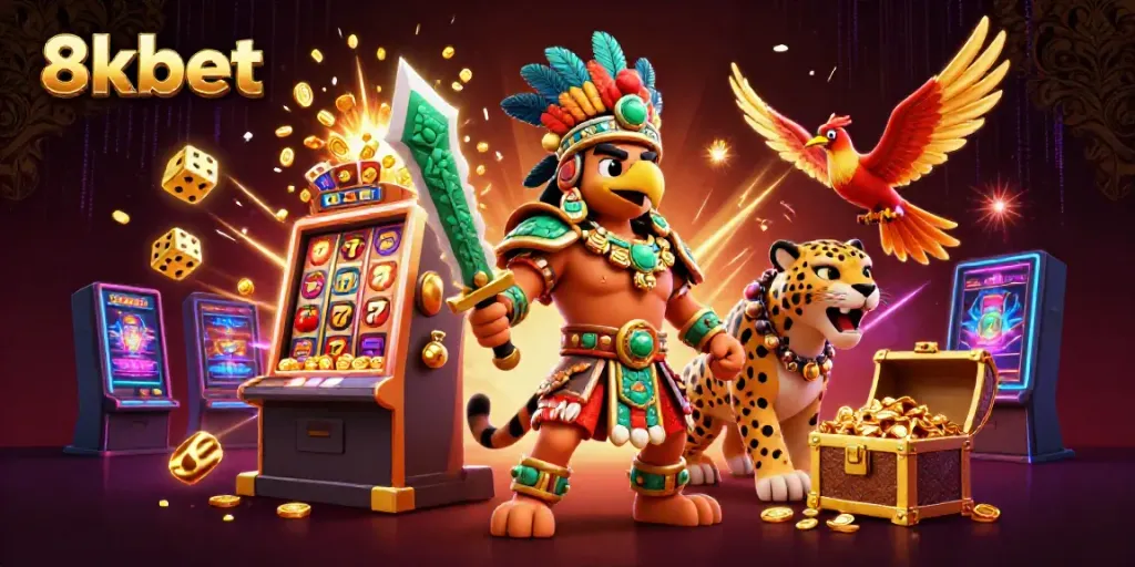 Experience the excitement of 8xbet with a dynamic 3D casino scene filled with warriors, jackpots, and colorful game elements.
