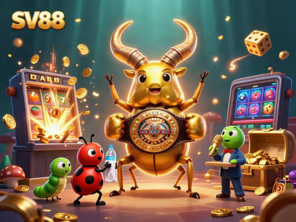 Experience the excitement of SV88 with a thrilling 3D illustration of a giant beetle boxing champion amidst casino elements.